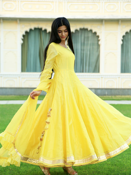 Pineapple Yellow Anarkali Dress With Dupatta