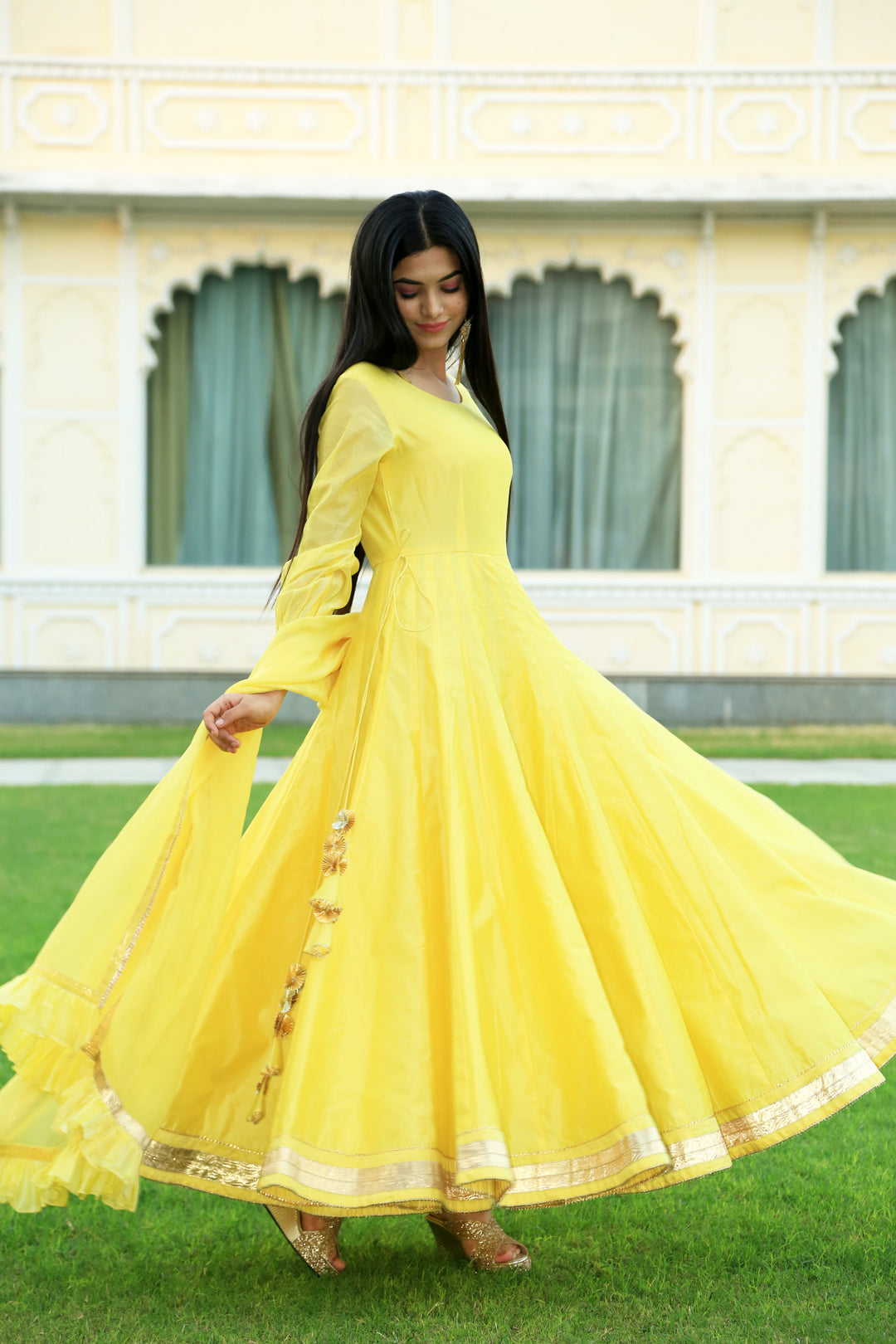 Yellow Anarkali Embroidered Georgette Gown With Dupatta