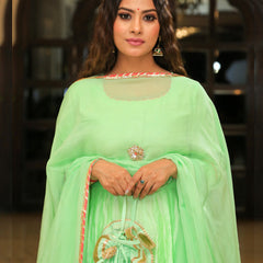 Pea Green Embroidered Anarkali With Dupatta