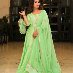 Pea Green Embroidered Anarkali With Dupatta