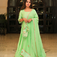 Pea Green Embroidered Anarkali With Dupatta
