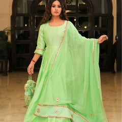 Pea Green Embroidered Anarkali With Dupatta