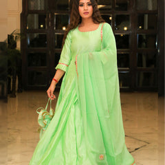 Pea Green Embroidered Anarkali With Dupatta