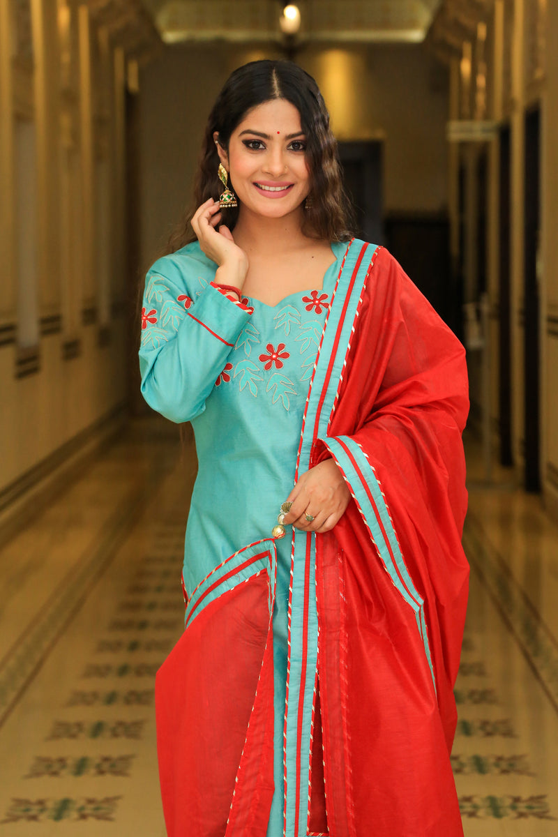 Juniper Green Embroidered Suit Set With Sangria Dupatta