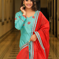 Juniper Green Embroidered Suit Set With Sangria Dupatta