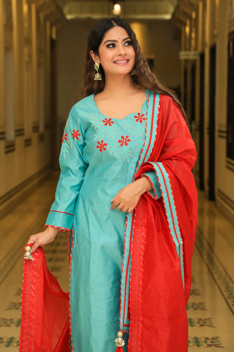 Juniper Green Embroidered Suit Set With Sangria Dupatta