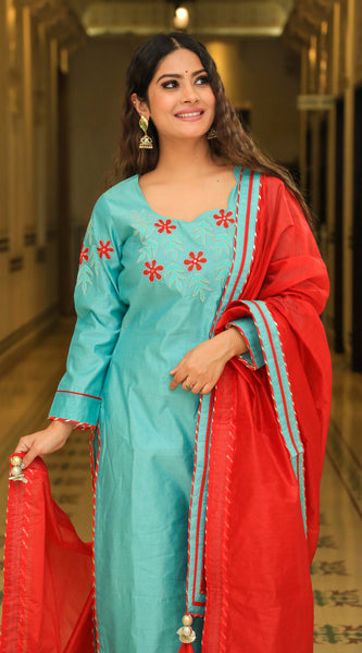 Juniper Green Suit Set With Sangria Dupatta - Indianvirasat