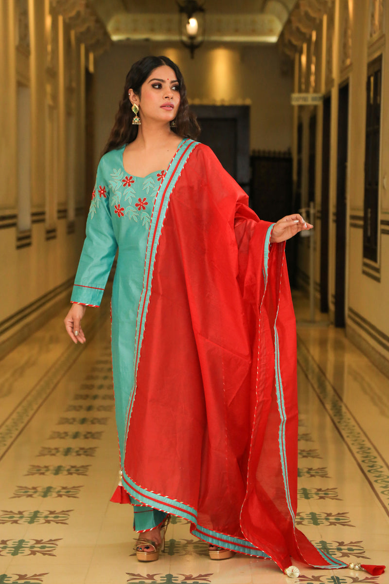 Juniper Green Embroidered Suit Set With Sangria Dupatta