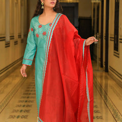 Juniper Green Embroidered Suit Set With Sangria Dupatta