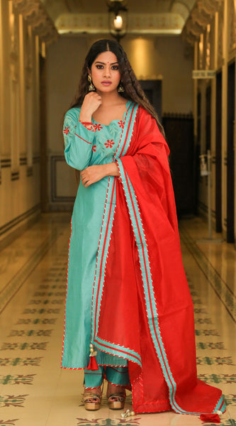 Juniper Green Suit Set With Sangria Dupatta - Indianvirasat