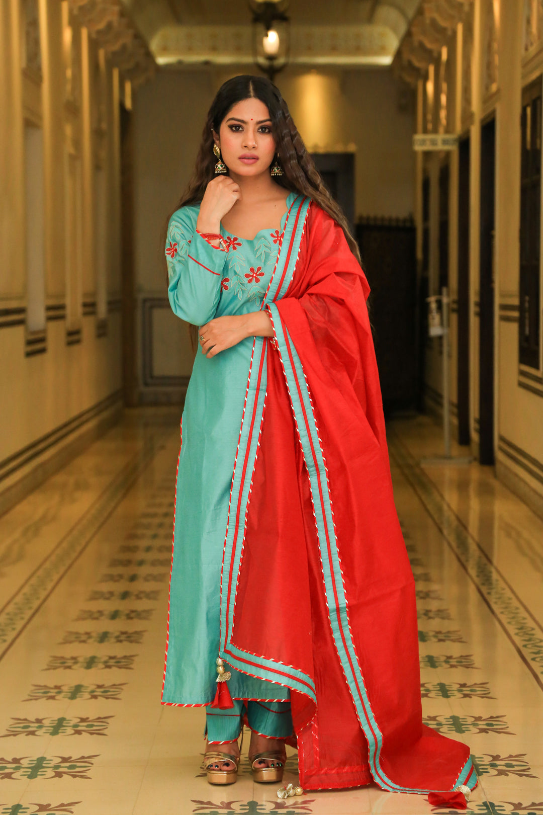 Juniper Green Suit Set With Sangria Dupatta - Indianvirasat