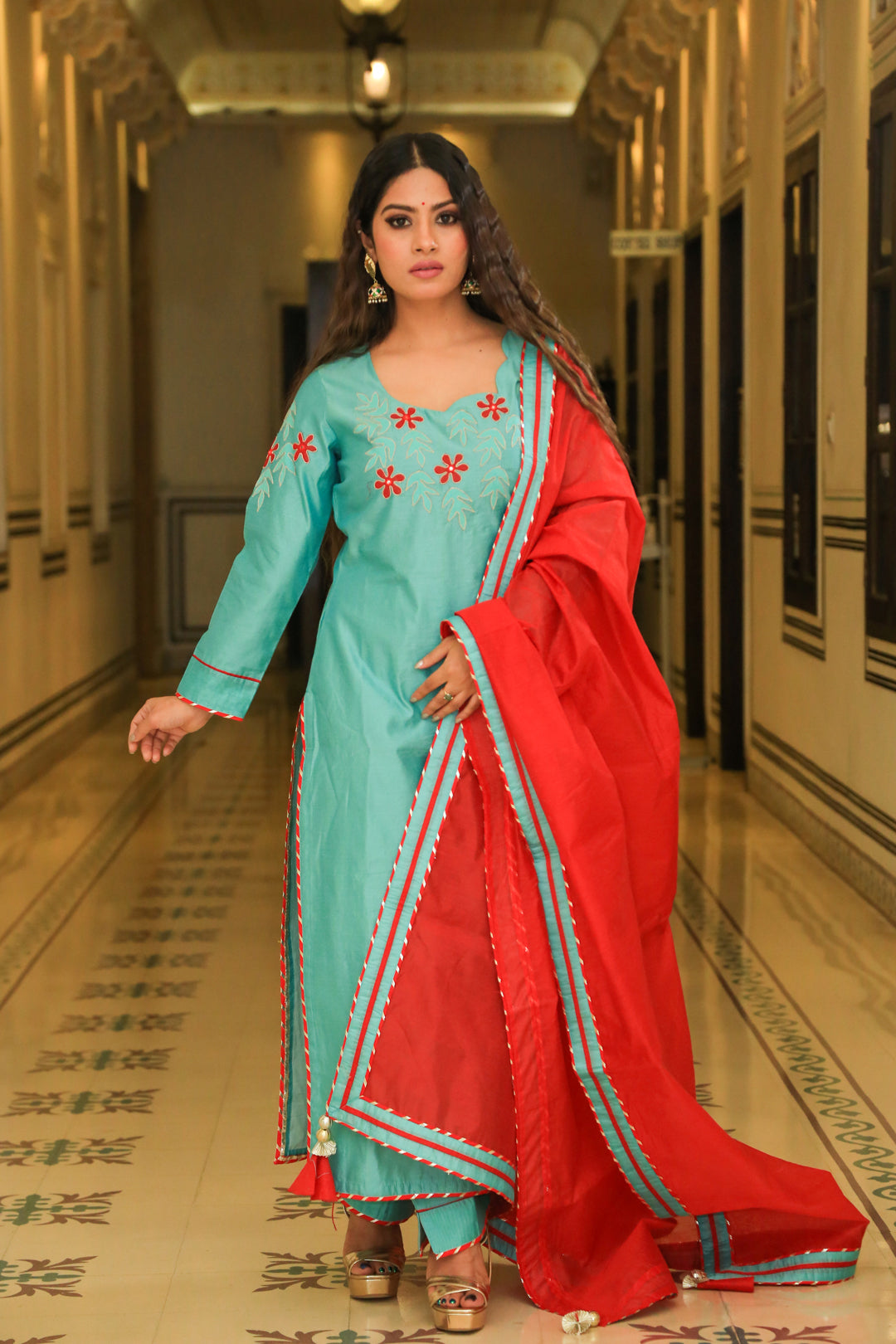 Juniper Green Suit Set With Sangria Dupatta - Indianvirasat