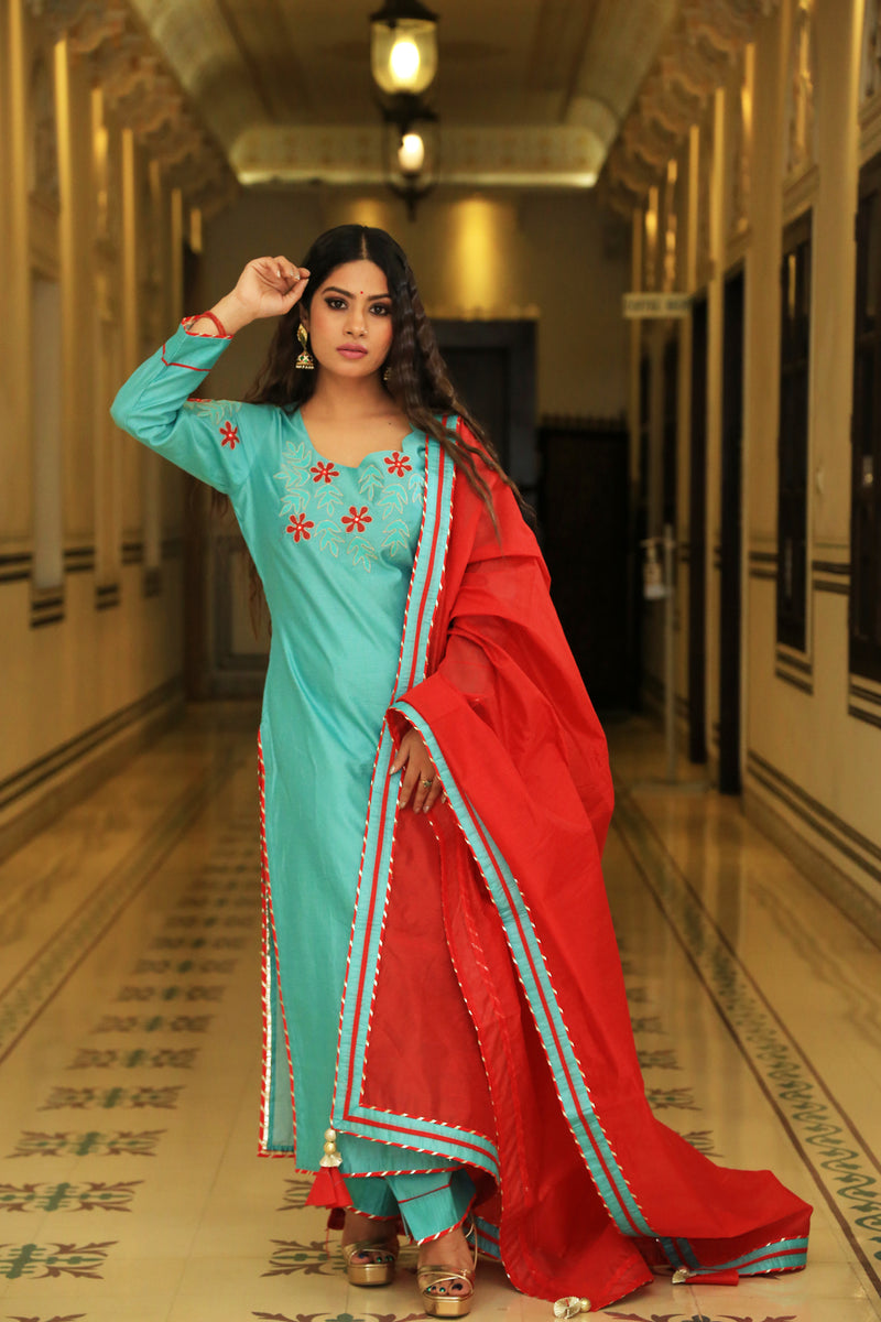 Juniper Green Embroidered Suit Set With Sangria Dupatta