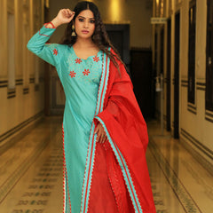 Juniper Green Embroidered Suit Set With Sangria Dupatta