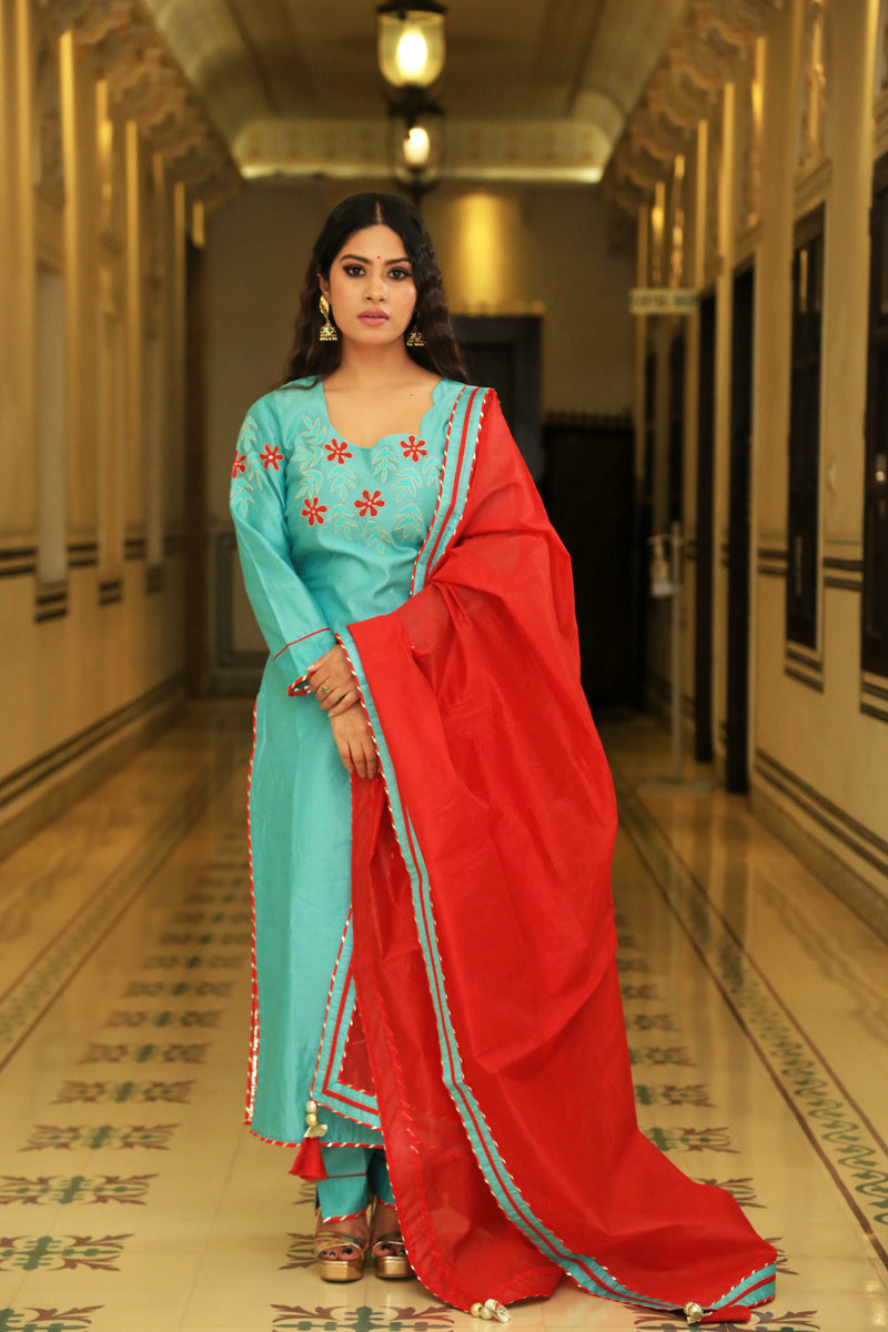 Juniper Green Embroidered Suit Set With Sangria Dupatta