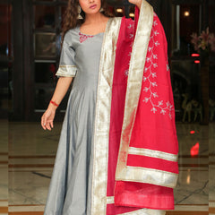 Silver Grey Embroidery Anarkali with Rani Dupatta