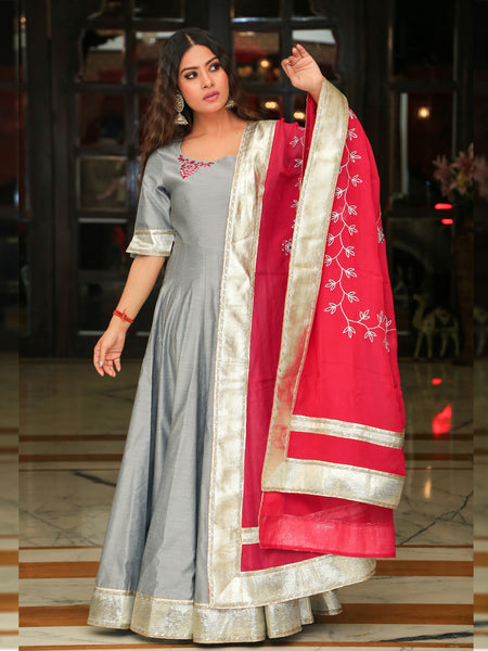 Silver Grey Embroidery Anarkali with Rani Dupatta
