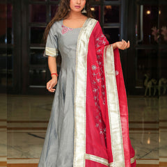 Silver Grey Embroidery Anarkali with Rani Dupatta