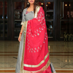 Silver Grey Embroidery Anarkali with Rani Dupatta