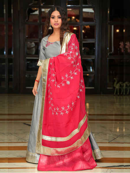 Silver Grey Embroidery Anarkali with Rani Dupatta