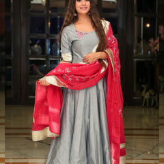 Silver Grey Embroidery Anarkali with Rani Dupatta