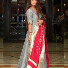 Silver Grey Embroidery Anarkali with Rani Dupatta