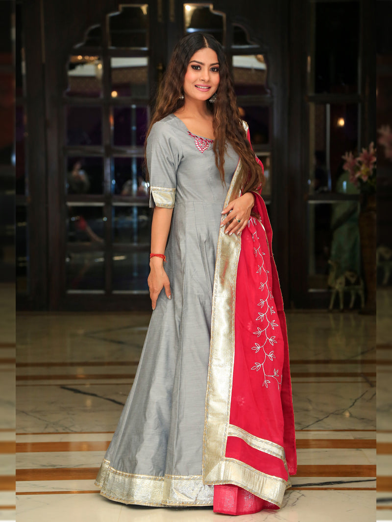 Silver Grey Embroidery Anarkali with Rani Dupatta