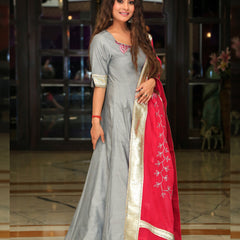 Silver Grey Embroidery Anarkali with Rani Dupatta
