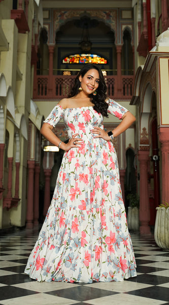 Contemporary White Floral off Shoulder Dress - Indianvirasat
