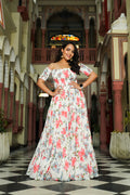 Contemporary White Floral off Shoulder Dress - Indianvirasat