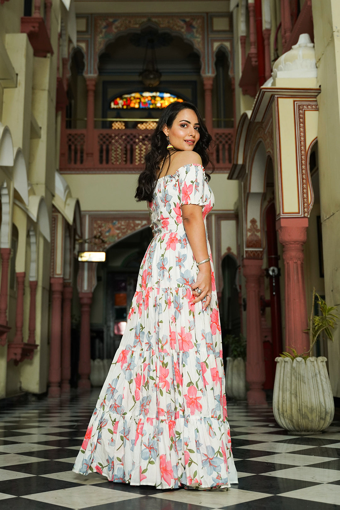 Contemporary White Floral off Shoulder Dress - Indianvirasat