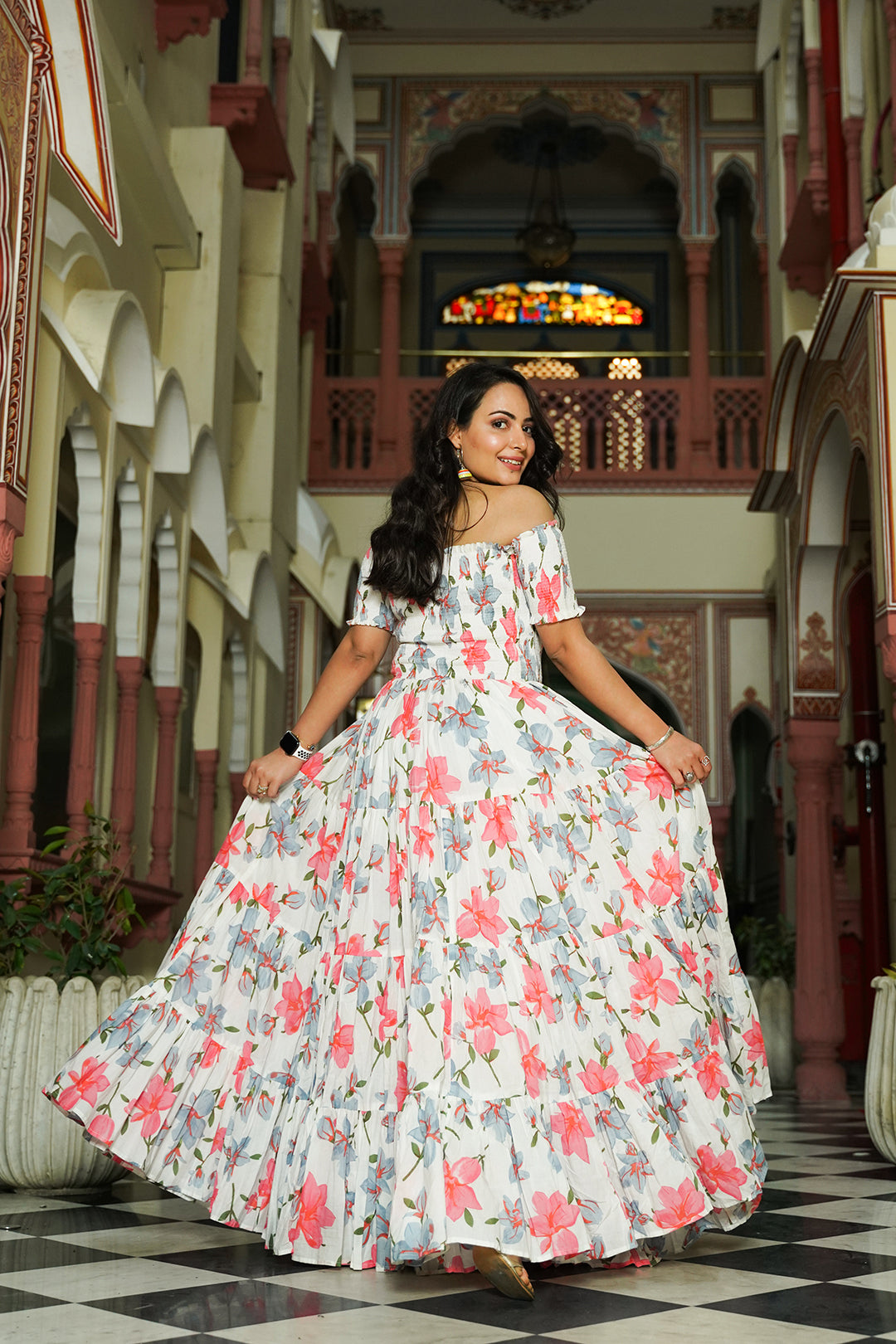 Contemporary White Floral off Shoulder Dress - Indianvirasat