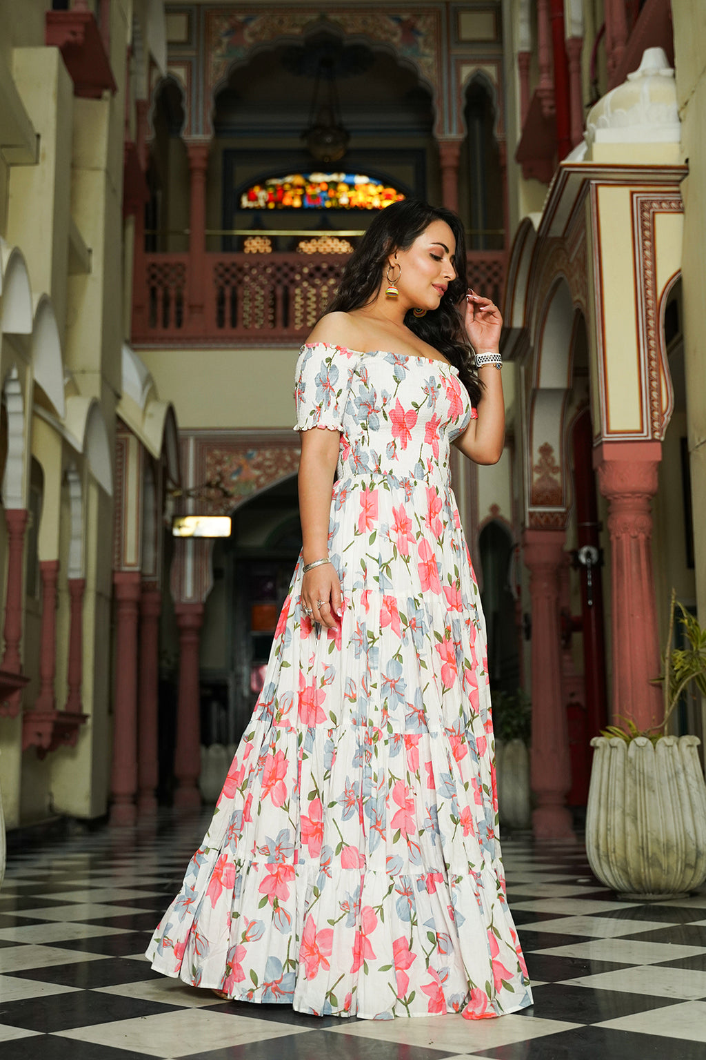 Contemporary White Floral off Shoulder Dress - Indianvirasat