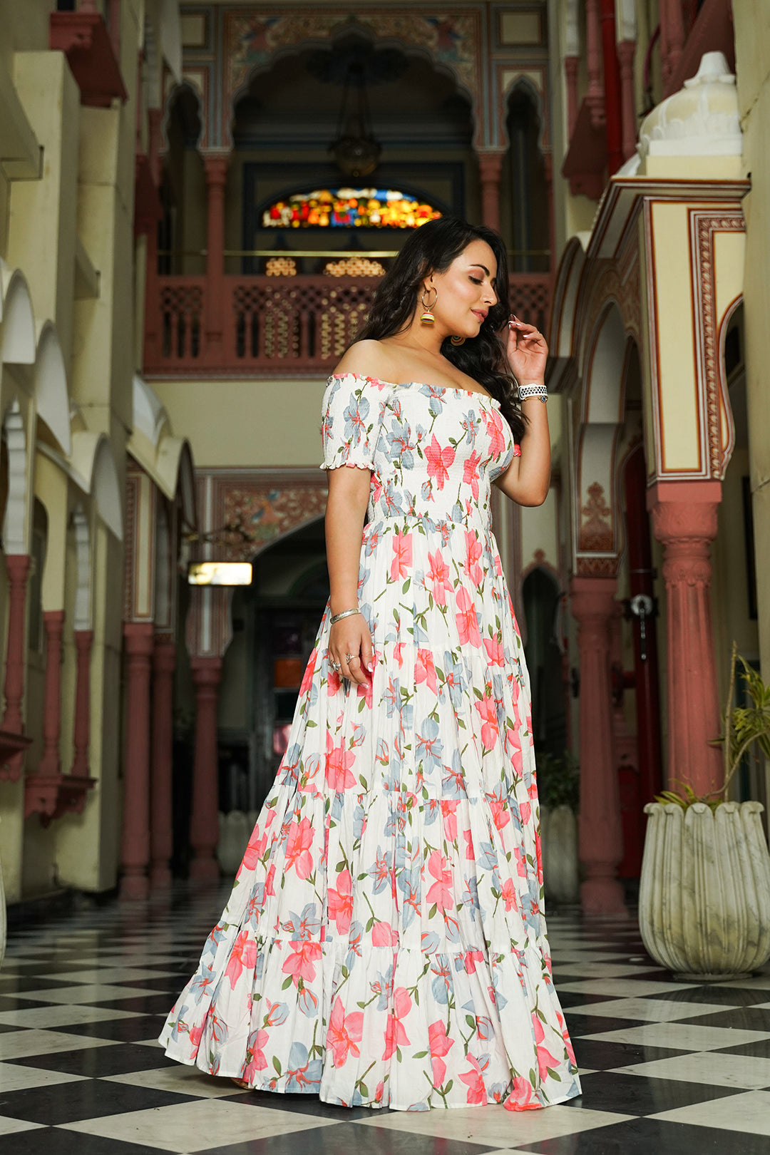 Contemporary White Floral off Shoulder Dress - Indianvirasat