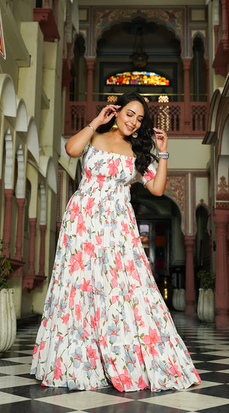 Contemporary White Floral off Shoulder Dress - Indianvirasat