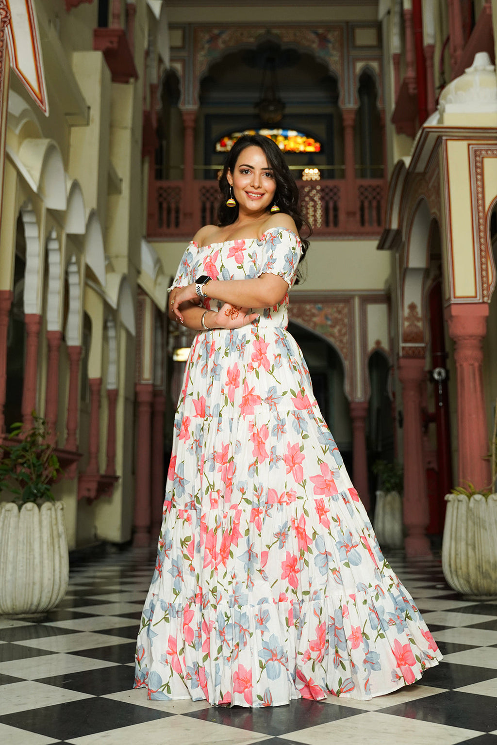 Contemporary White Floral off Shoulder Dress - Indianvirasat