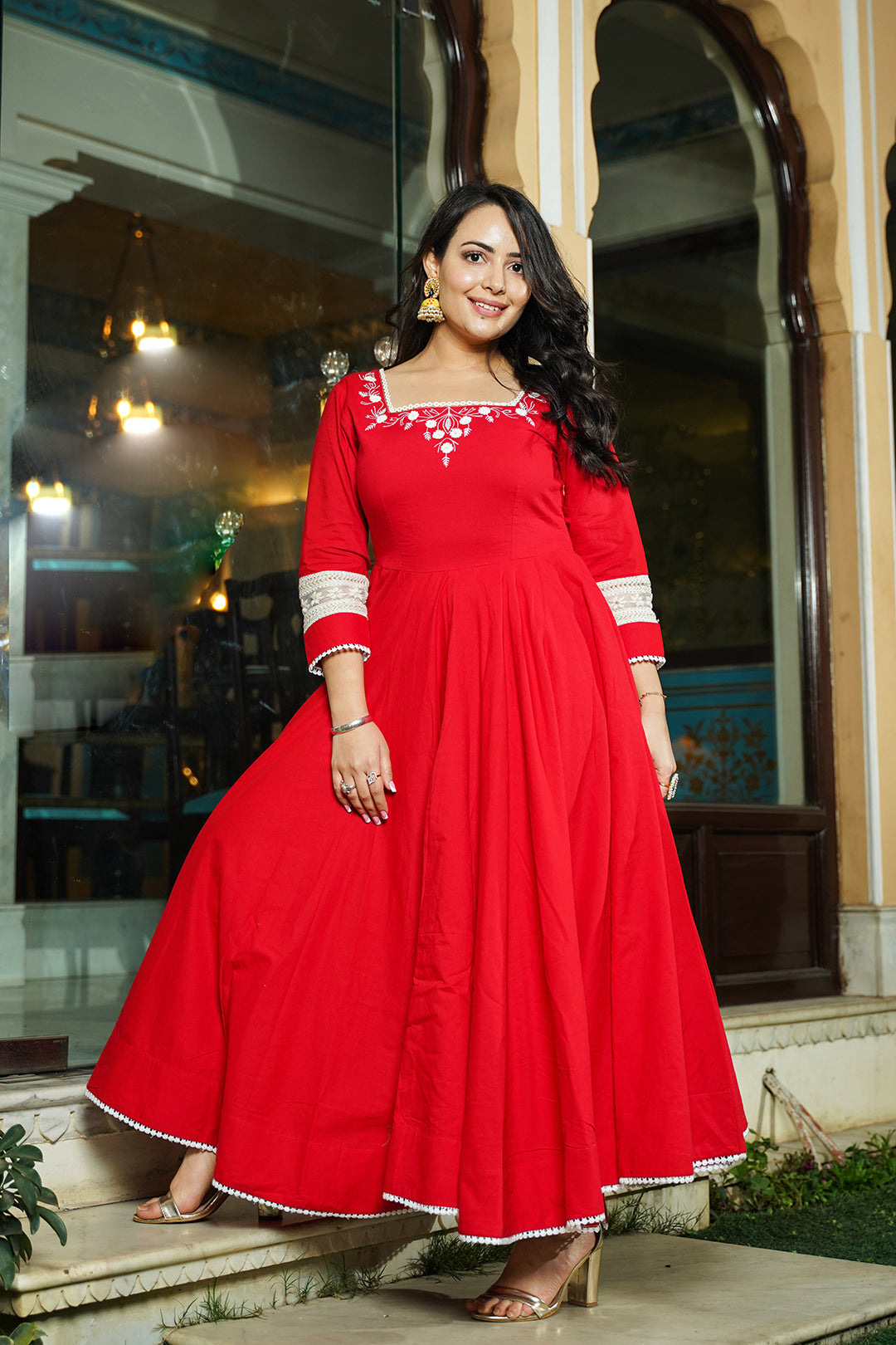Buy Women Dress  Elegant Empress Lace Work Maxi Dress  Tomato Red Color  at Amazonin