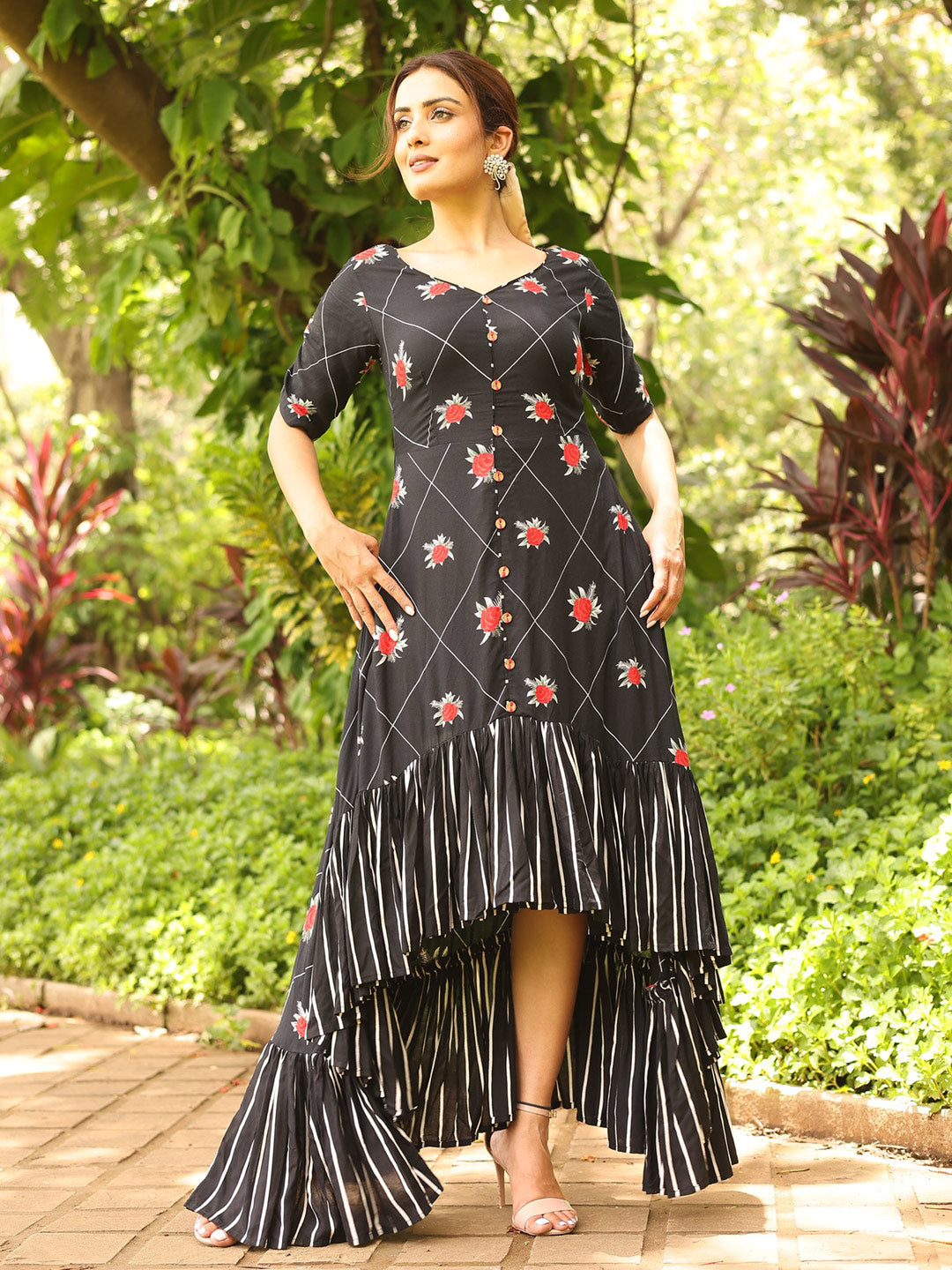 Helsi Audrey Square-Neck Floral Applique Sheer Midi Dress | Anthropologie
