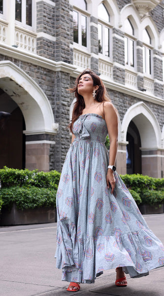 Cadet Grey Off Shoulder Maxi Dress - Indianvirasat