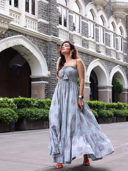 Cadet Grey Off Shoulder Maxi Dress