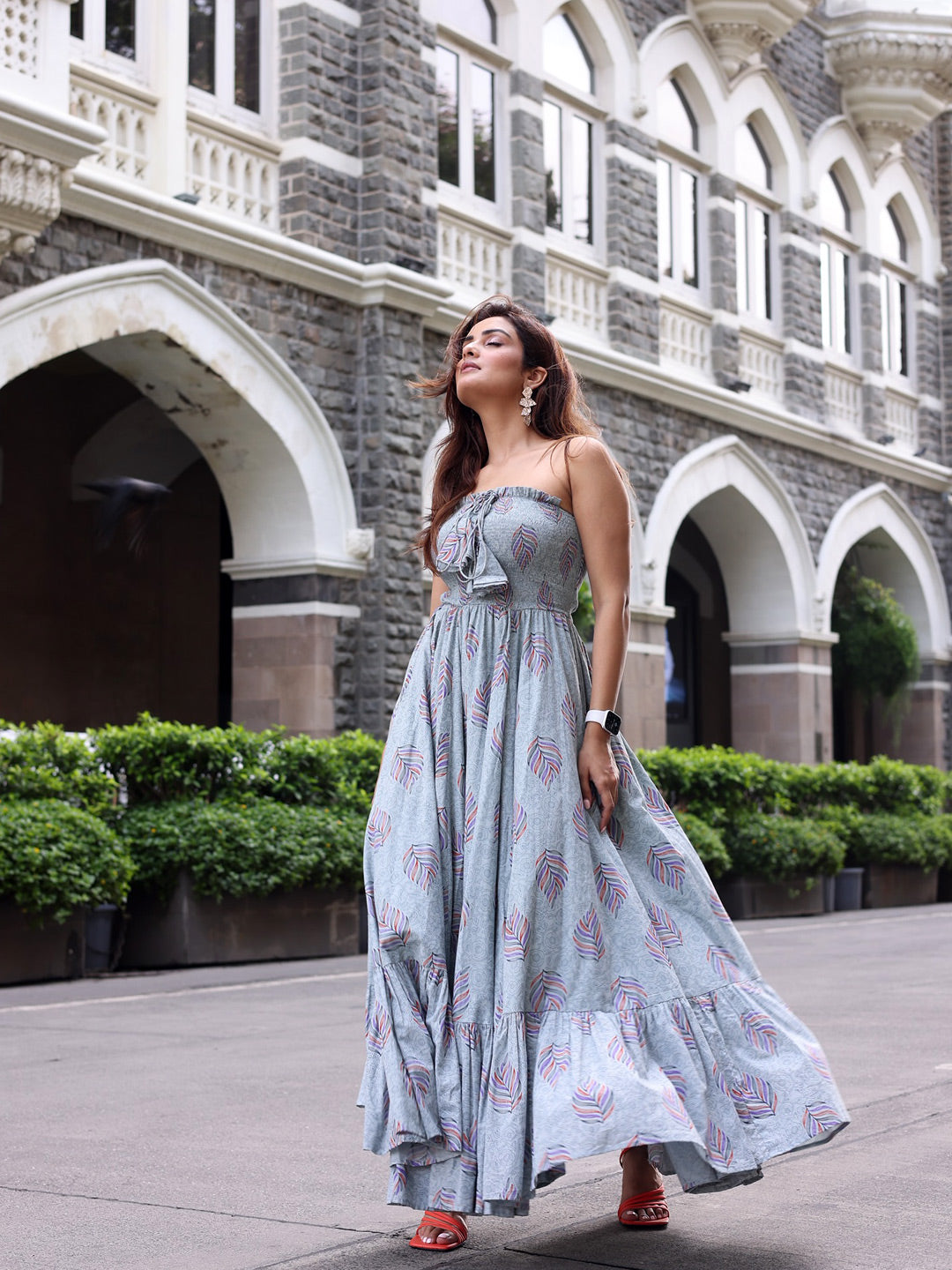 Cadet Grey Off Shoulder Maxi Dress - Indianvirasat