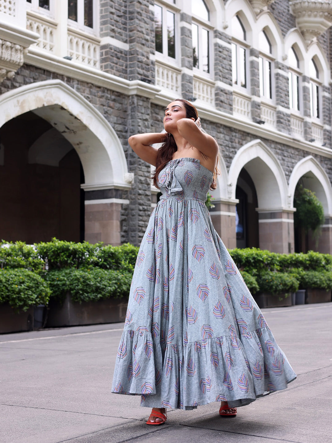 Cadet Grey Off Shoulder Maxi Dress - Indianvirasat