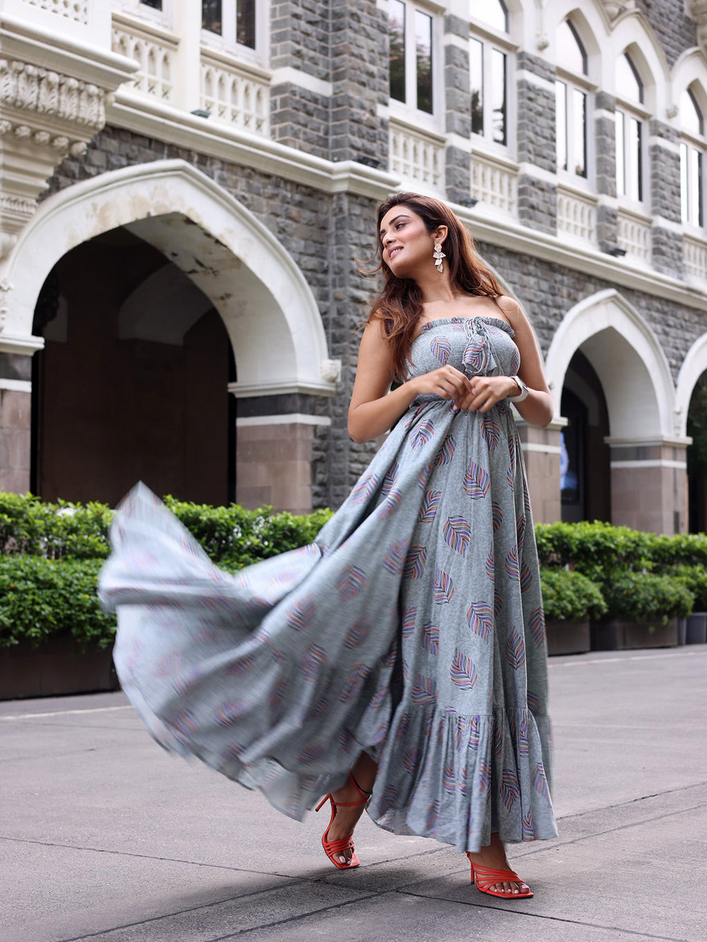 Cadet Grey Off Shoulder Maxi Dress - Indianvirasat