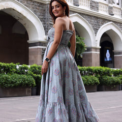 Cadet Grey Off Shoulder Maxi Dress
