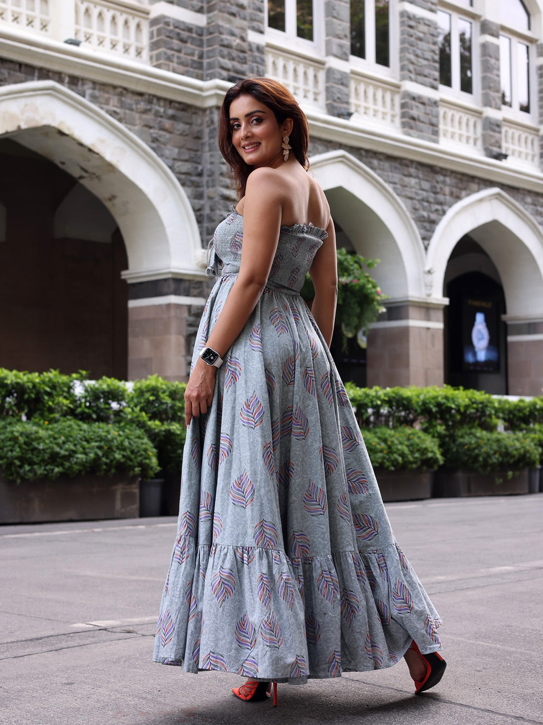 Cadet Grey Off Shoulder Maxi Dress - Indianvirasat