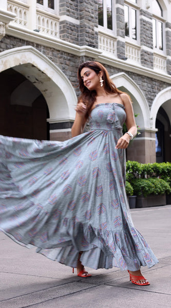 Cadet Grey Off Shoulder Maxi Dress - Indianvirasat