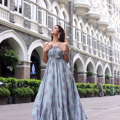 Cadet Grey Off Shoulder Maxi Dress