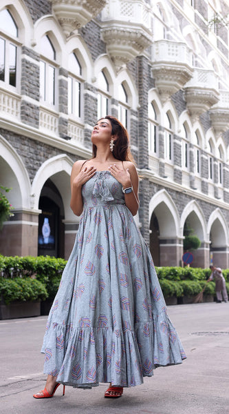 Cadet Grey Off Shoulder Maxi Dress - Indianvirasat